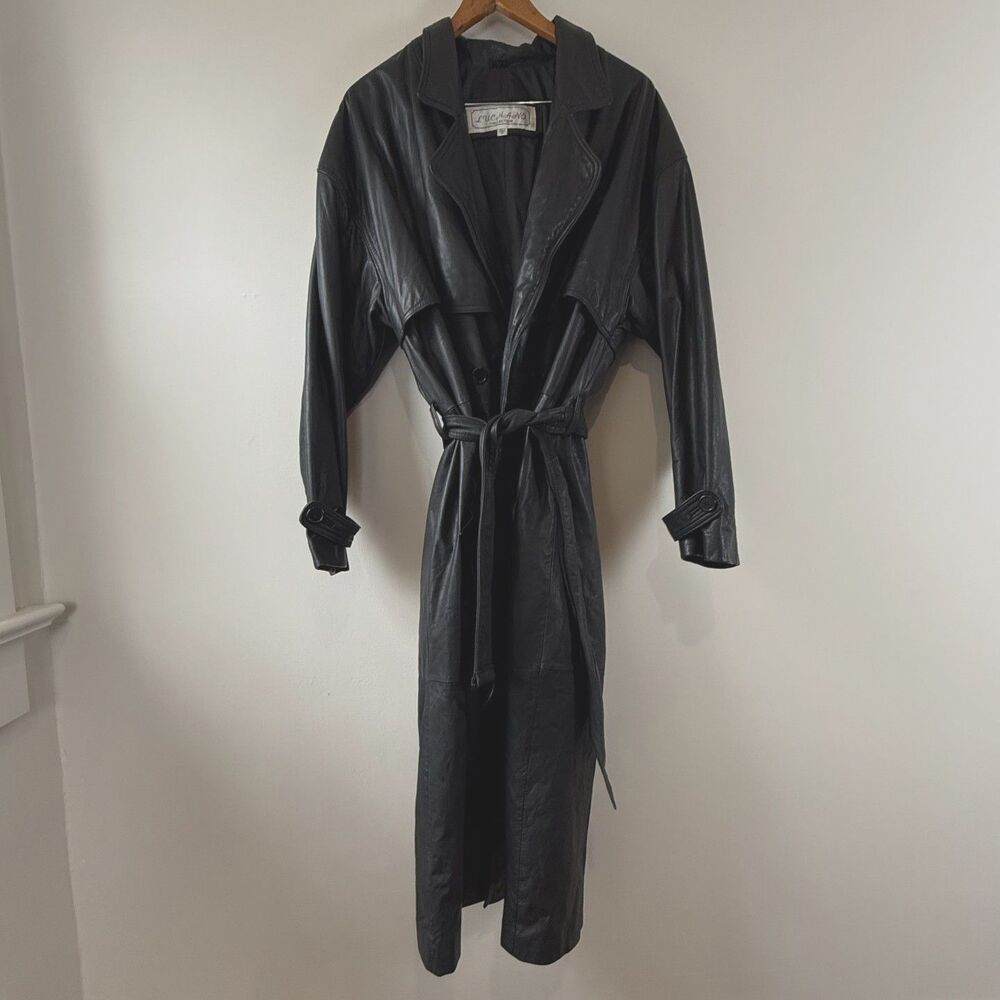 Vintage Black Leather Long Trench Oversized Coat | Luchano Collection Korea, M